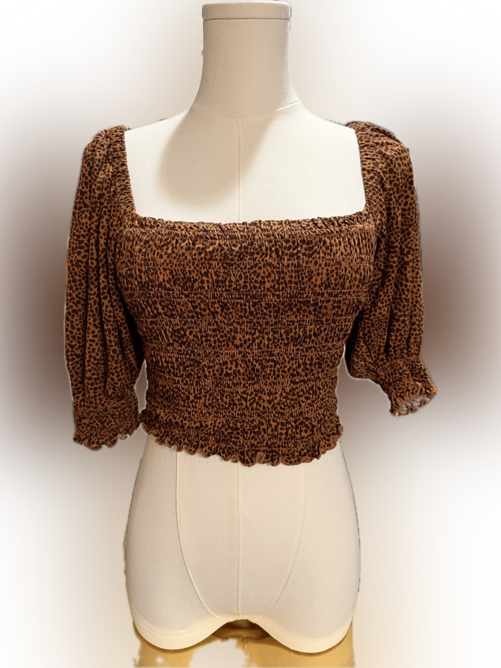 Urban Outfitters Brown Leopard Smocked Puff Sleeve Crop Top